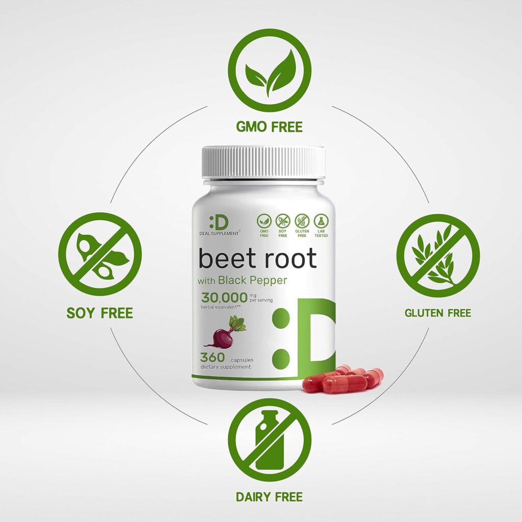 Beet Root Capsules 30000mg Per Serving, 360 Count, with Black Pepper Extract – Enhanced Absorption, Pure Beet Root Powder Source