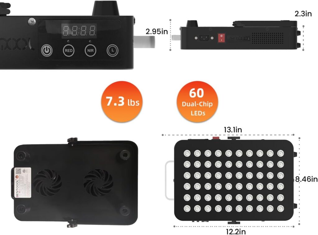 Bestqool Red Light Therapy Device for Body, Face. Near Infrared Light 660nm 850nm, Dual Chip Clinical Grade 60 LEDs. High Power Panel for Recovery, Improve Sleep, Skin Health, Pain Relief, 100W.