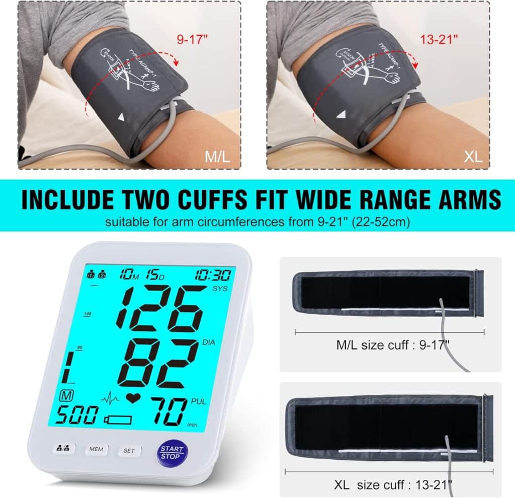 Blood Pressure Monitor Upper Arm Large LED Backlit Screen 1000 Sets Memory Automatic Digital BP Machine Adjustable BP Cuff