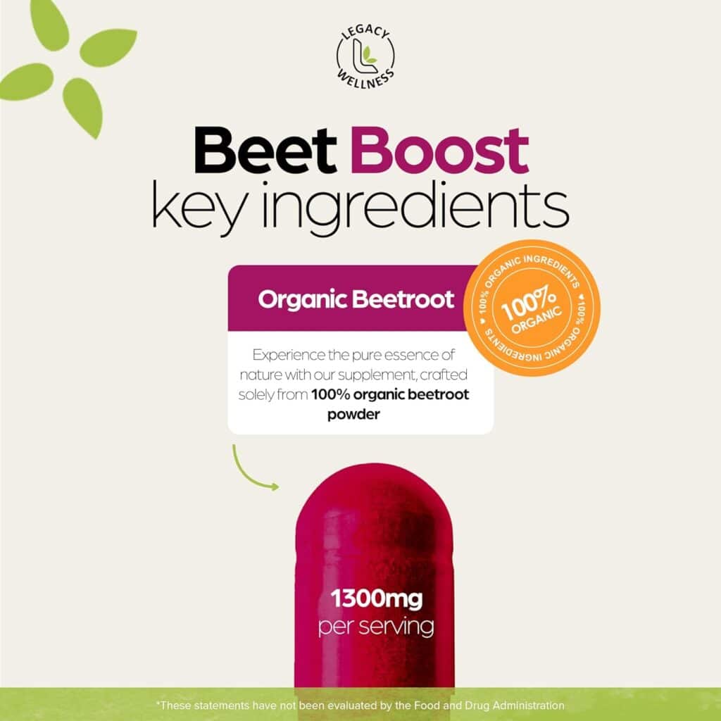 Legacy Wellness BEET BOOST Beet Root Capsules - Organic Beetroot Powder Supplements - Nitric Oxide Booster Beets Nitrate Supplement Supports Athletic Performance, Flow, Energy, Circulation  Digestion