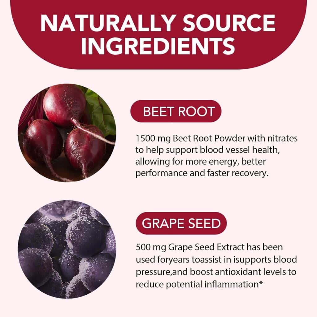 Salate Beet Root Capsules Plus with Grape Seed Extract- Nitric Oxide Production and Blood Pressure Support – Non-GMO Superfood Supplement - 90 Count