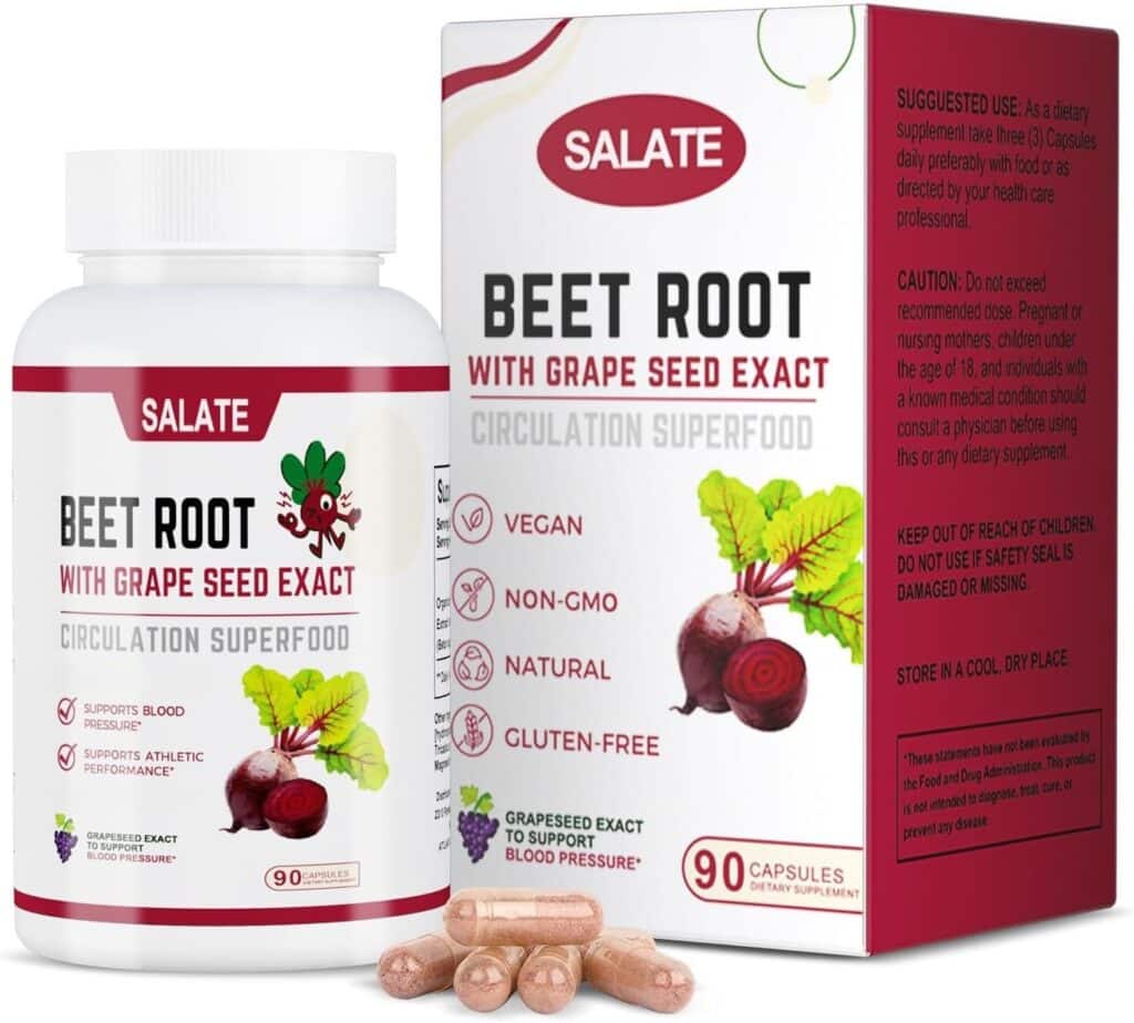 Salate Beet Root Capsules Plus with Grape Seed Extract- Nitric Oxide Production and Blood Pressure Support – Non-GMO Superfood Supplement - 90 Count